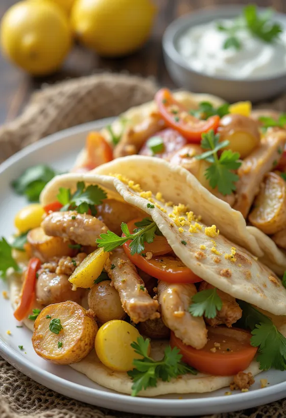 Piatto di Gyros al limone e origano con pollo arrosto, patate, insalata fresca e tzatziki al limone