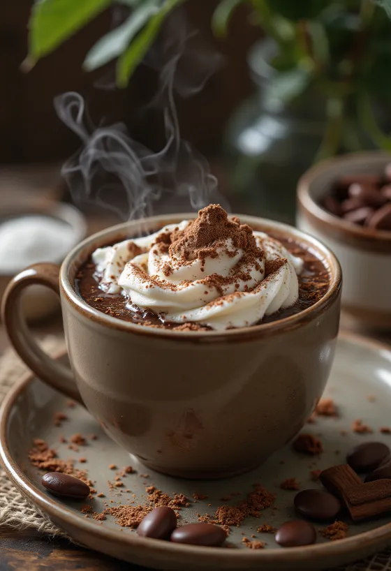 Tazza di cioccolata densa scura e lucida con panna