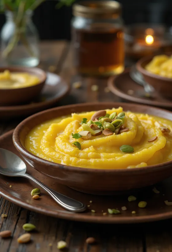 Kesar phirni servito, dessert di riso allo zafferano decorato con mandorle e pistacchi
