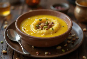 Kesar phirni servito, dessert di riso allo zafferano decorato con mandorle e pistacchi
