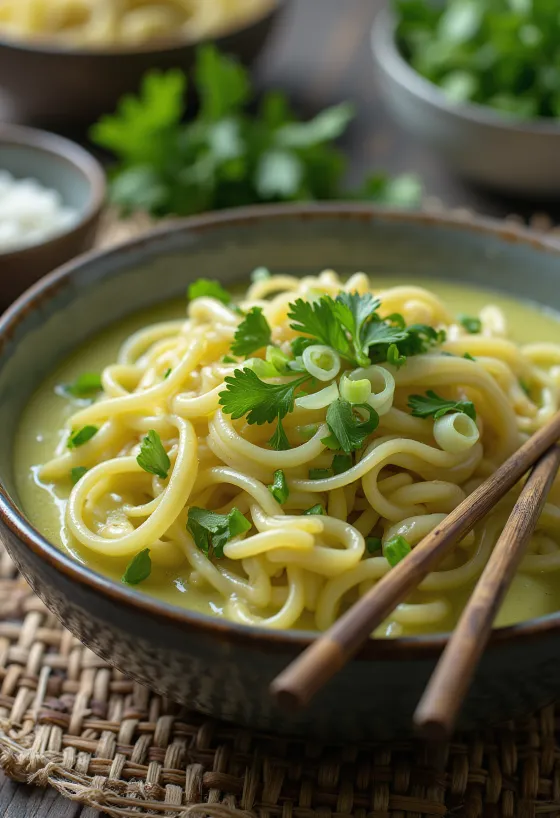 Noodles al curry verde e latte di cocco con verdure esotiche