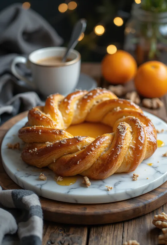 Kringle con ripieno all'arancia, pasta sfogliata, ripieno all'arancia e dolci freschi.