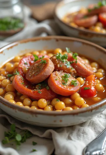 Lecsó con salsiccia e tarhonya servito