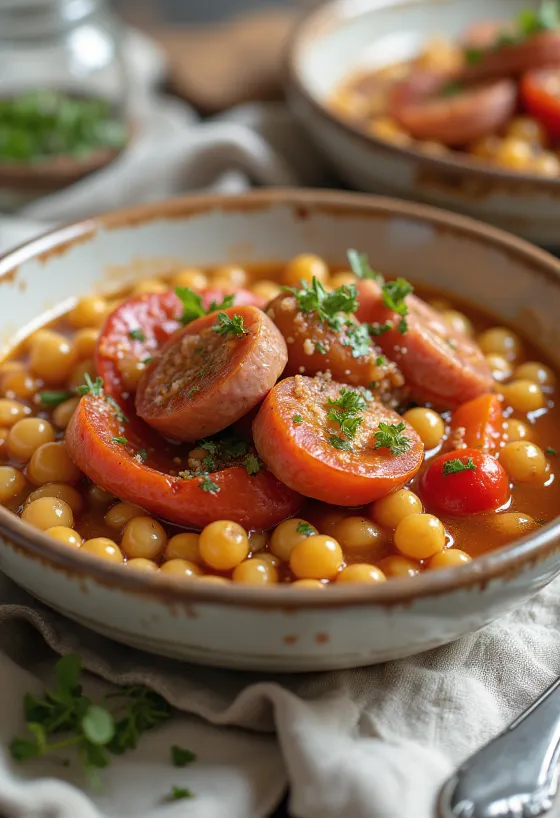 Lecsó con salsiccia e tarhonya servito