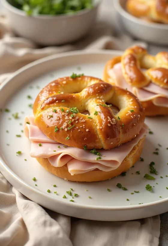 Pretzel servito con fesa di tacchino, ricca fesa di tacchino sopra, croccante fuori e morbido dentro.