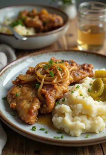 Fegato arrosto servito con purè di patate e sottaceti