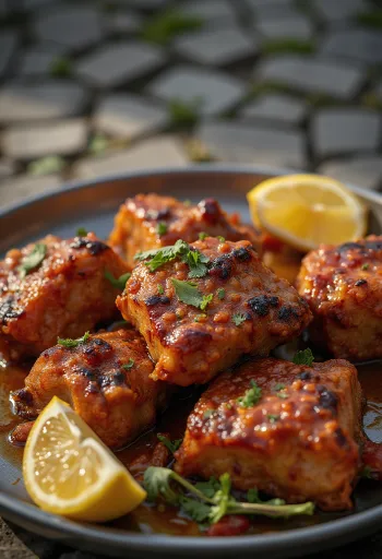 Capra Tandoori servita con pane naan e coriandolo fresco.