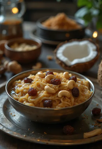 Ada Pradhaman, servito con latte di cocco e acqua di rose