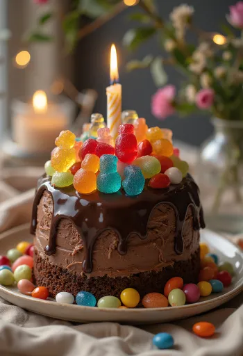 Candy Cake al cioccolato decorata con caramelle colorate e perline