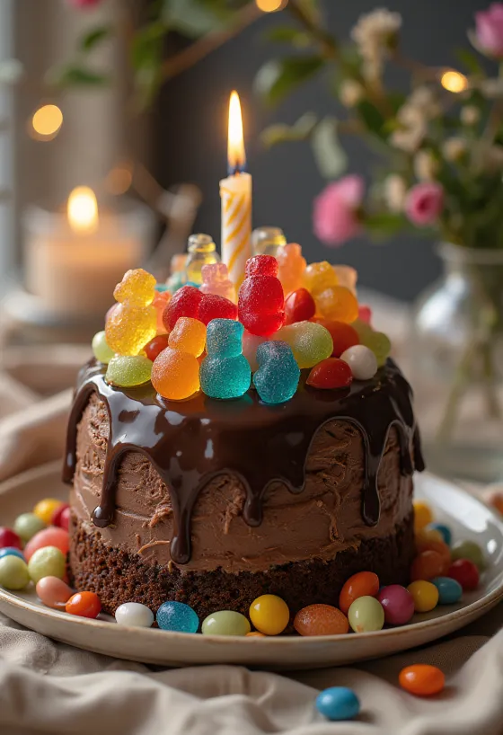 Candy Cake al cioccolato decorata con caramelle colorate e perline