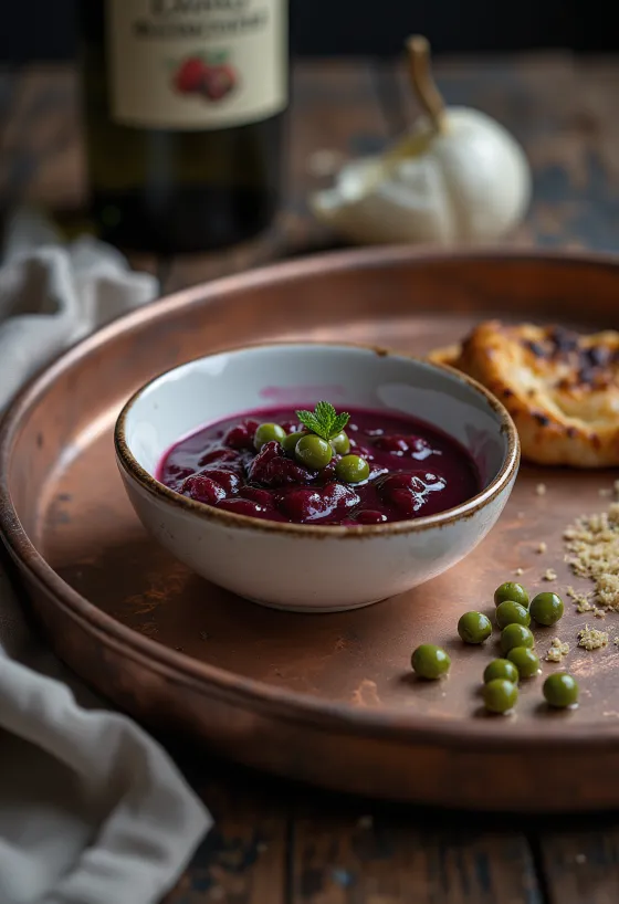 Salsa al vino rosso, curry e capperi in barattolo, servita con piatti arrosto