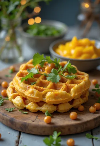 Waffle indiani al curry e ceci serviti con coriandolo fresco