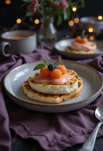 Leipäjuusto con mousse di camemoro, servito con mirtilli e panna montata