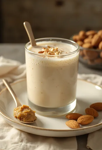 Kefir di avena probiotico aromatizzato alla mandorla, bevanda color crema chiaro in bicchiere