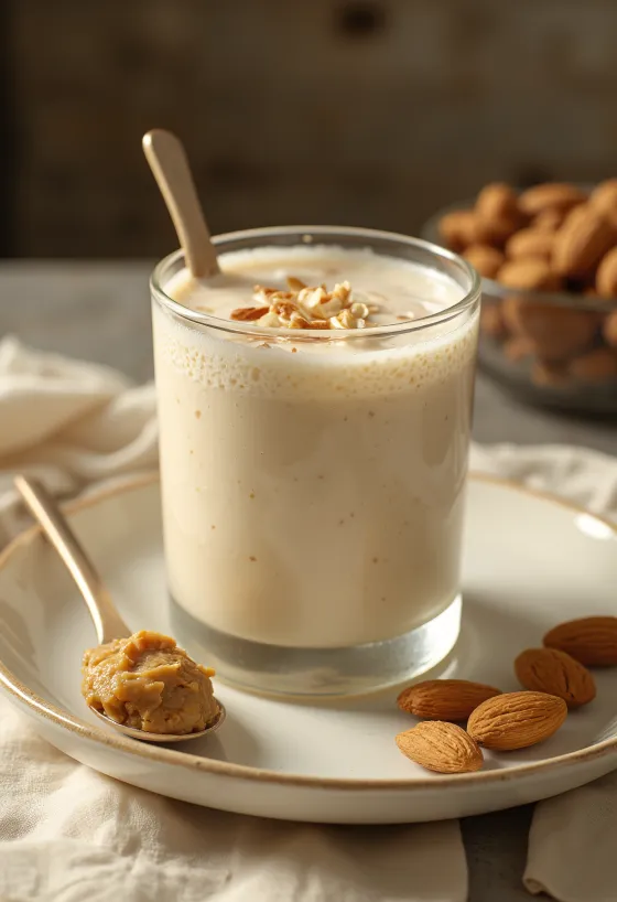 Kefir di avena probiotico aromatizzato alla mandorla, bevanda color crema chiaro in bicchiere