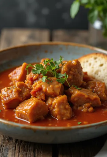 Spezzatino di maiale servito con patate e prezzemolo fresco