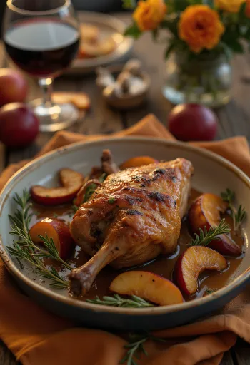 Coscia d'anatra arrosto croccante servita con purè di patate e cavolo stufato