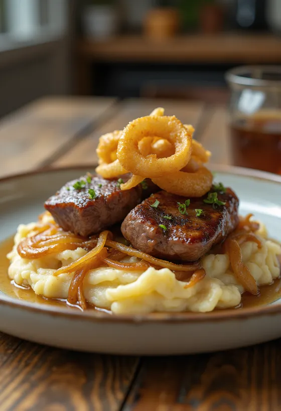 Fegato arrosto servito con patate schiacciate alla cipolla