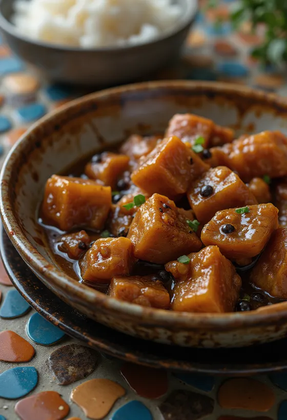 Adobo di maiale, servito con riso e coriandolo fresco