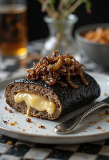 Black pudding ripieno di formaggio, servito con cipolla caramellata e prezzemolo fresco