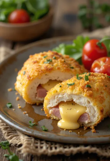 Cordon bleu servito con insalata fresca e patate fritte