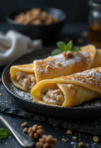 Crêpes arrotolate con ripieno di noci e zucchero a velo