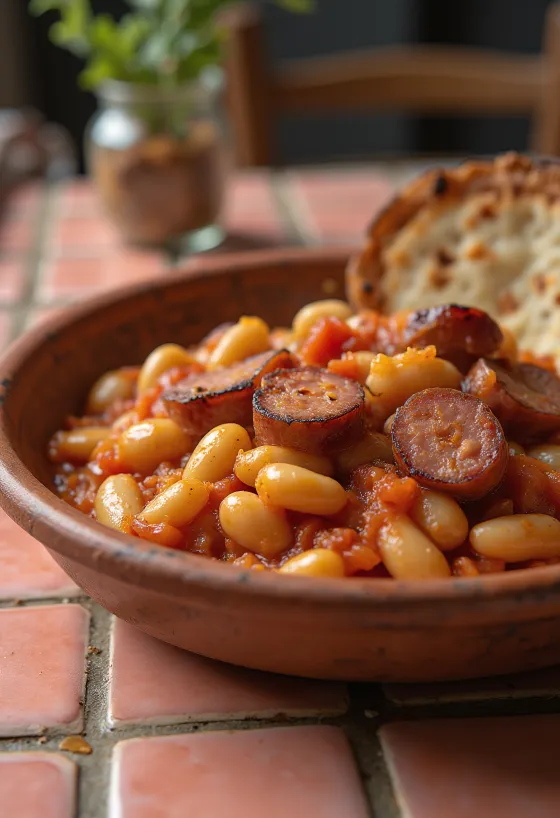 Gigantes Plaki con salsiccia, ricco piatto di fagioli speziati servito