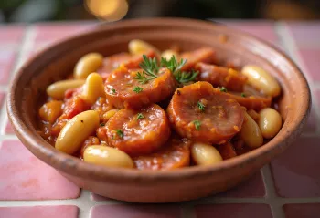 Gigantes Plaki con salsiccia, ricco piatto di fagioli speziati servito
