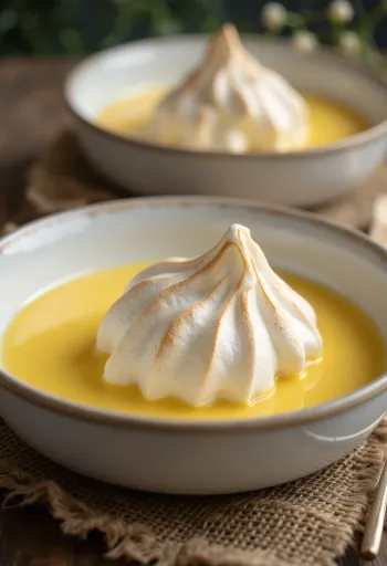 Madártej servito in bicchieri, decorato con crema alla vaniglia e schiuma di albume