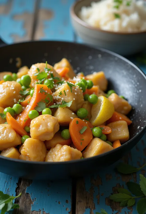Masor Tenga con limone kaji, servito con carne di pollo fresca e misto di verdure