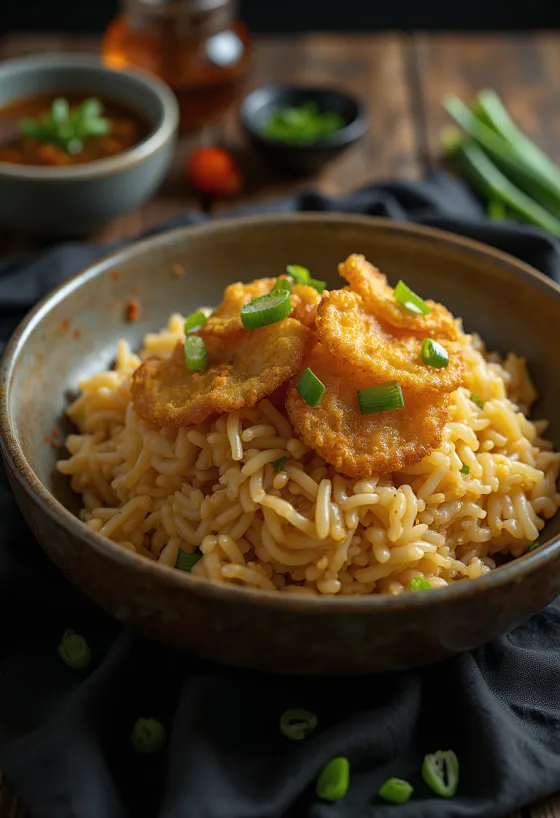Nasi Goreng all'aglio con chips di aglio croccanti in superficie