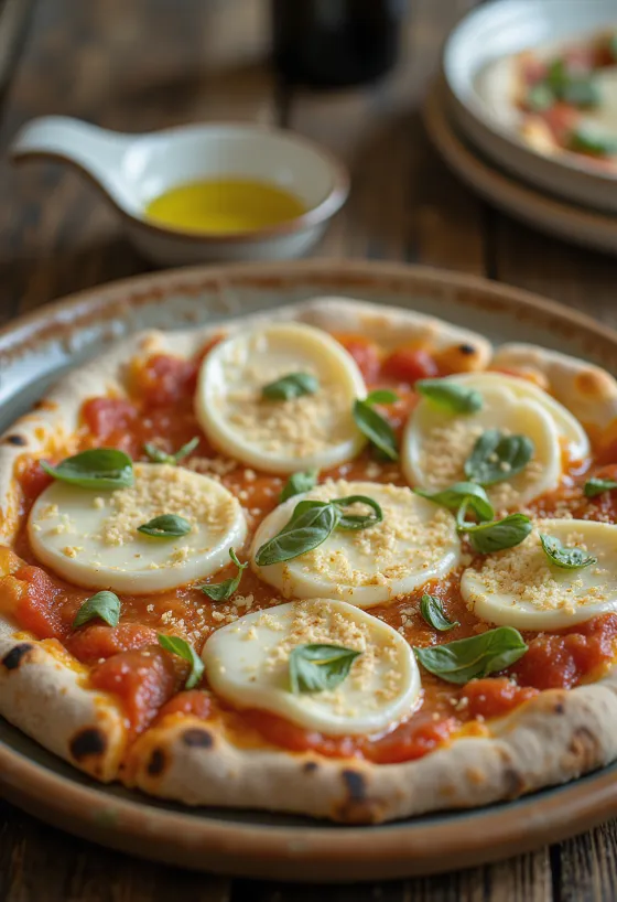 Pizza rustica con mozzarella di bufala e basilico