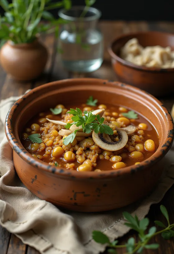 Pozole con setas servito con lime, coriandolo e cipollotto fresco