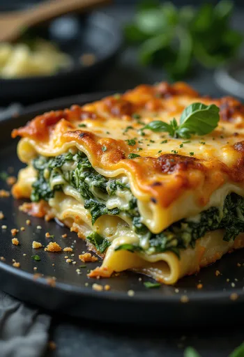 Lasagne agli spinaci a strati, con formaggio dorato in superficie