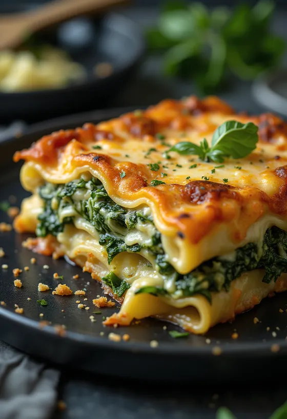 Lasagne agli spinaci a strati, con formaggio dorato in superficie