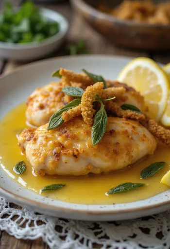 Pollo alla salvia servito con pelle croccante e erbe aromatiche fresche