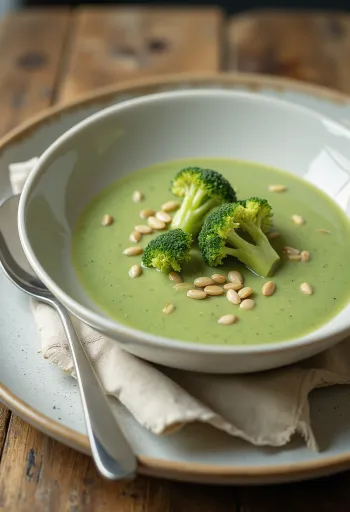 Vellutata di broccoli servita con semi tostati