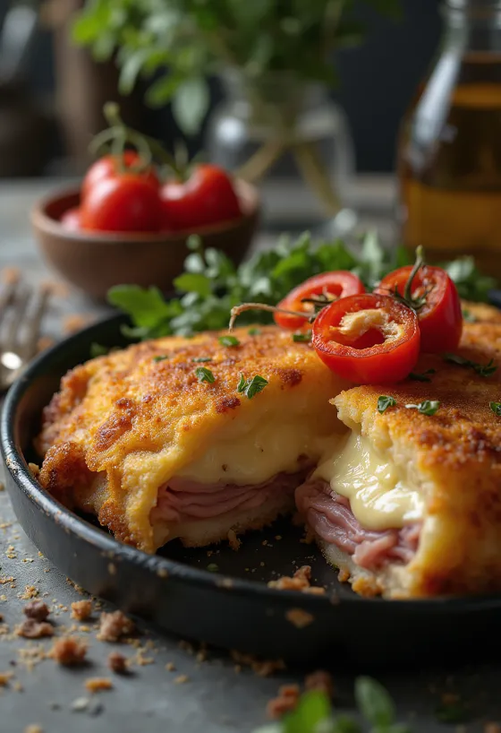 Cachopo servito con patatine fritte e limone