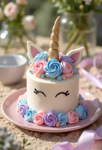 Torta unicorno con dischi colorati e decorazioni in pasta di zucchero