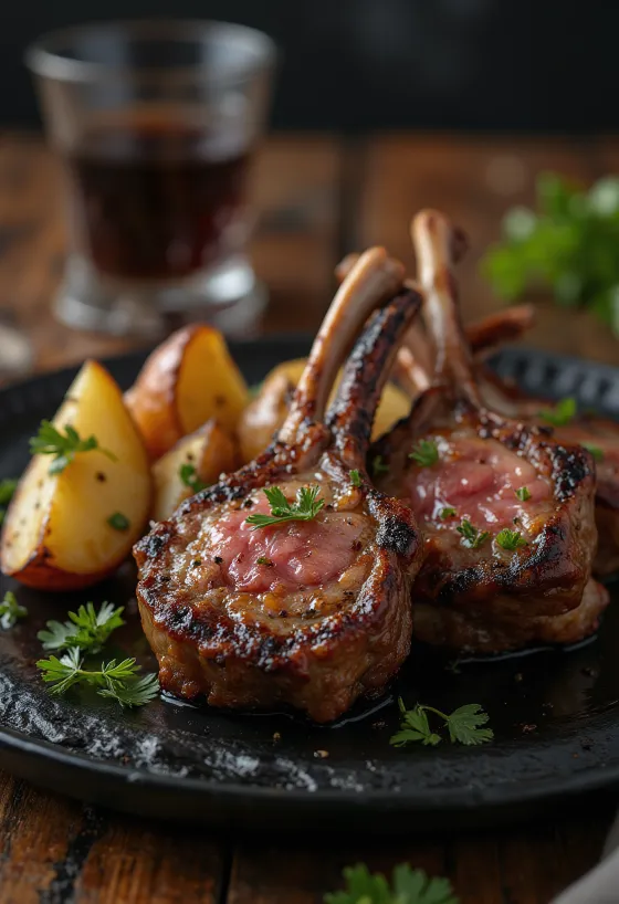 Costolette di agnello grigliate servite con patate al rosmarino
