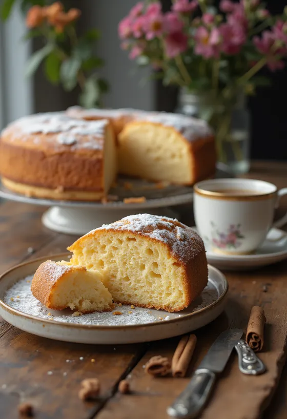 Torta soffice alta e dorata tagliata a fette
