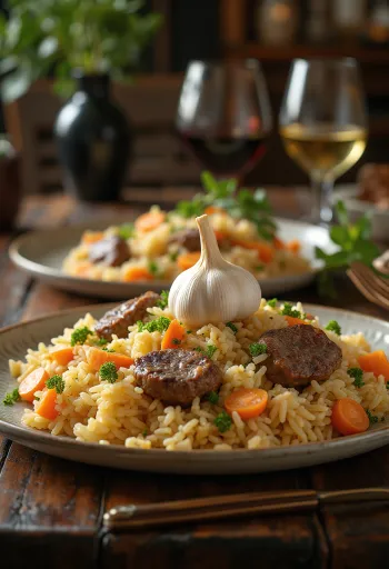 Pilaf con agnello servito