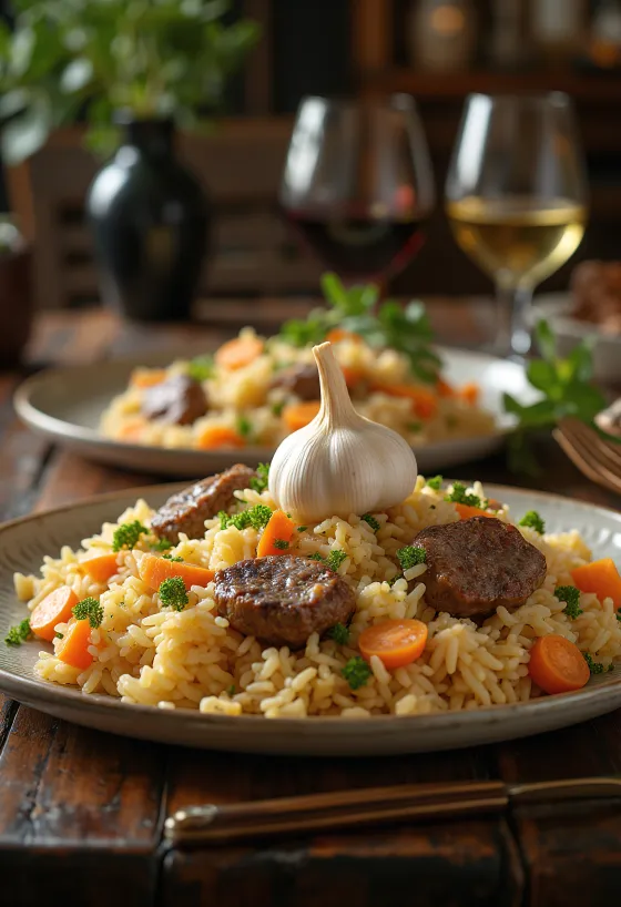 Pilaf con agnello servito