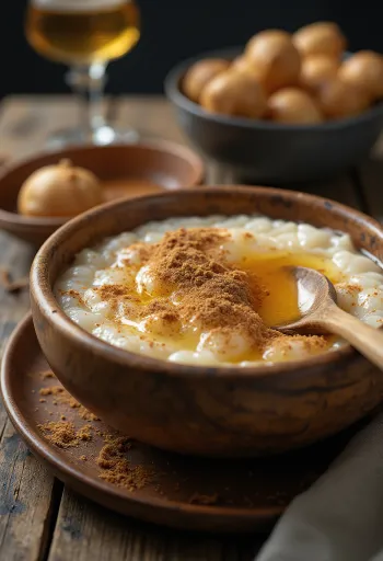 Rømmegrøt al miele servito con cannella