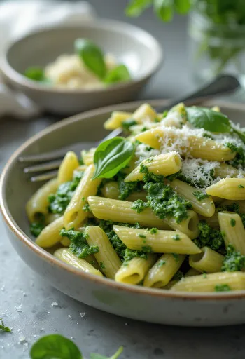 Pasta cremosa agli spinaci spolverata con parmigiano fresco, servita su piatto bianco.