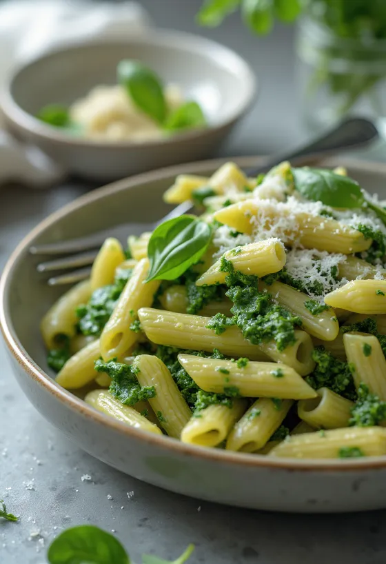 Pasta cremosa agli spinaci spolverata con parmigiano fresco, servita su piatto bianco.