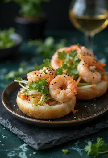 Bao bun con gamberi al wasabi servito