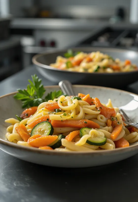 Pasta colorata con verdure saltate fresche