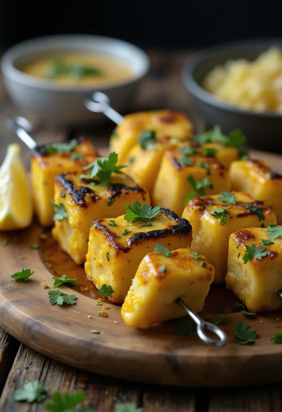 Achari paneer tikka pezzi di paneer grigliati, speziati in marinata di yogurt, serviti con coriandolo fresco e limone