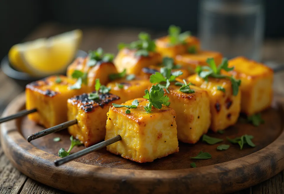 Achari paneer tikka pezzi di paneer grigliati, speziati in marinata di yogurt, serviti con coriandolo fresco e limone
